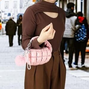 Women Pink Quilted Wristlet Bag Puffer Handbags Purse